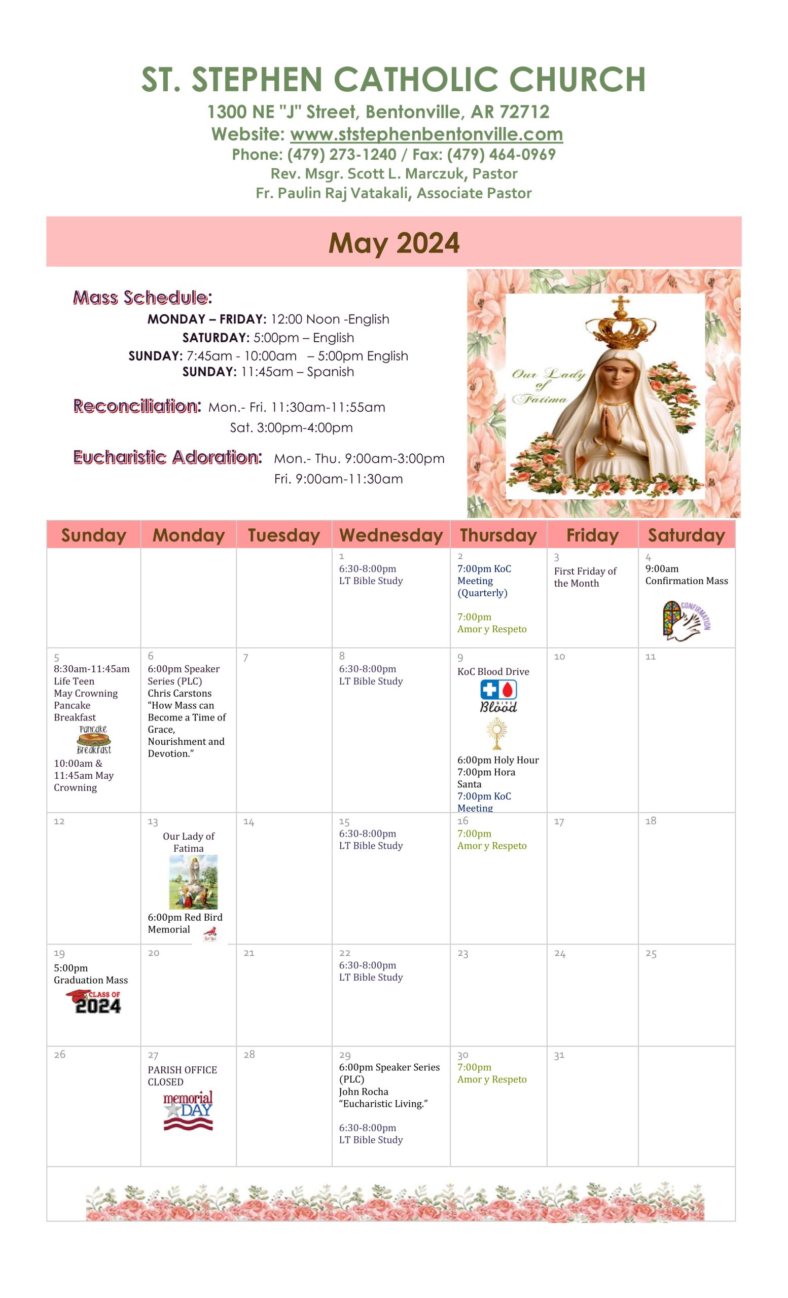 May 2024 Calendar DRAFT 17Apr2024 St. Stephen Roman Catholic Church